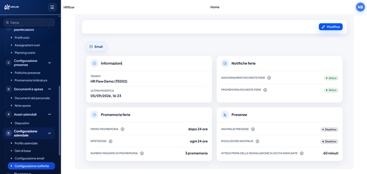 Configurazione italiana delle notifiche con aggiornamenti richieste ferie, promemoria e anomalie presenze.